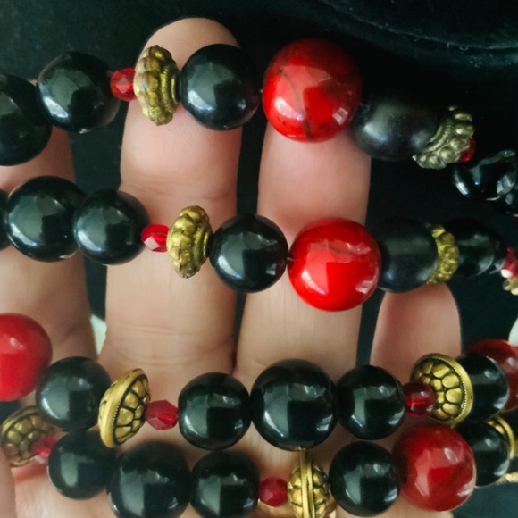 HANDMADE VINTAGE PENDANT STATEMENT NECKLACE RED JADE/SWAROVSKI CRYSTAL 1980S - Picture 4 of 7